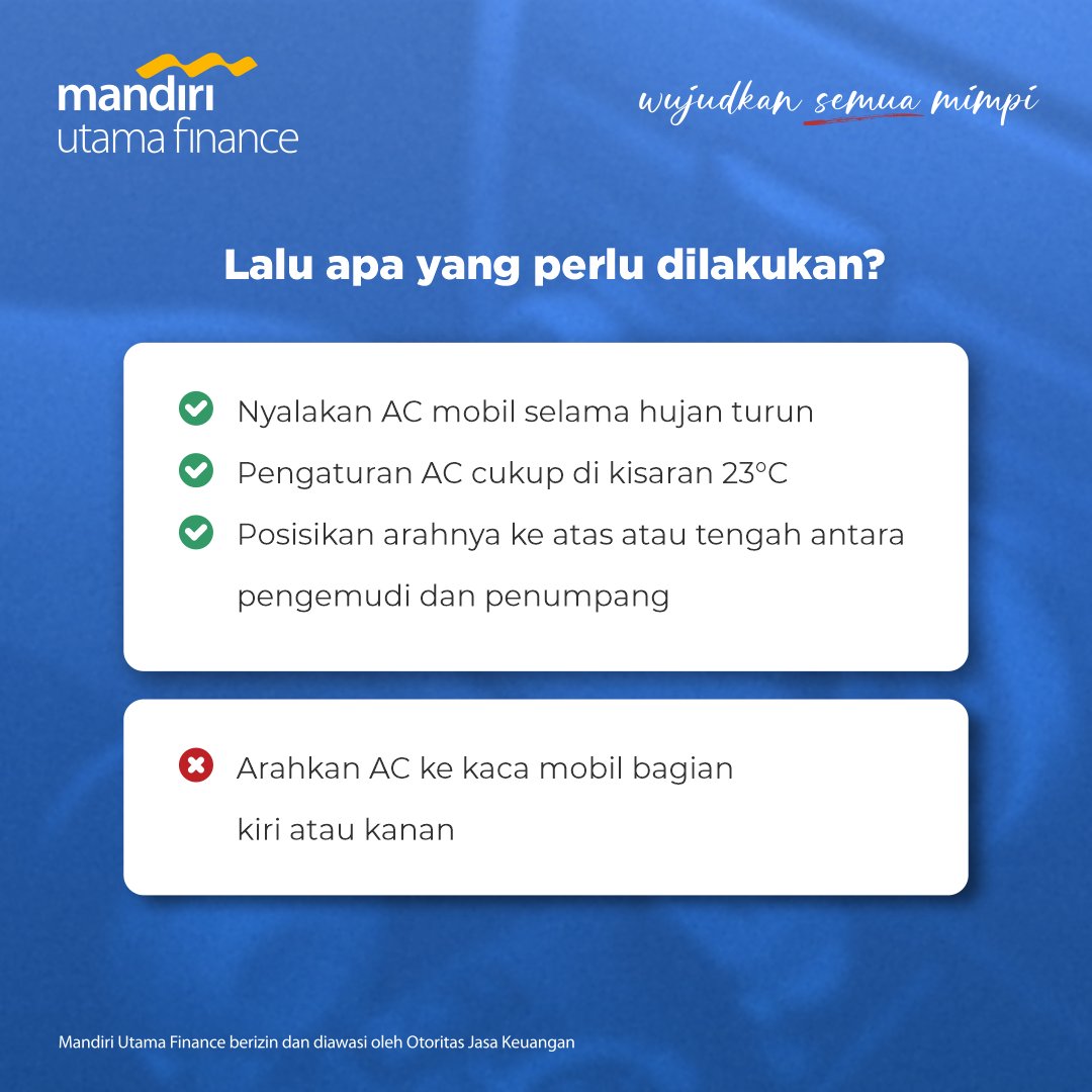 MU_Finance's tweet image. Ada yang sering matikan AC mobil pas hujan? Jangan lagi ya, soalnya ini berisiko lho.

Yuk, simak alasannya dalam post berikut, MUFriends.

#mandiriutamafinance #acmobil #wujudkansemuamimpi #MUFFunFact #kreditkendaraan #kreditmobil #kreditmotor #pinjamandanabpkb #MUFDana