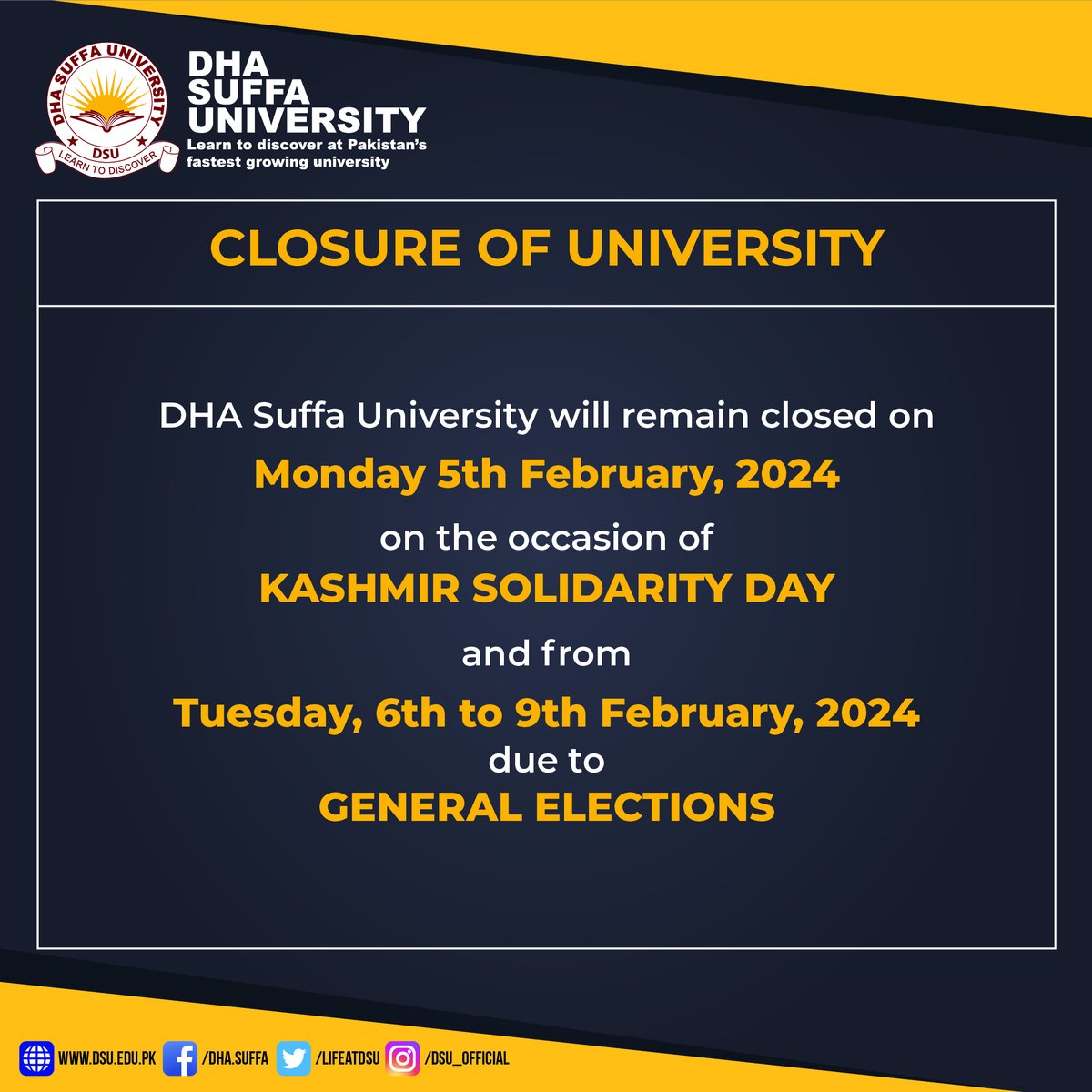 CLOSURE OF UNIVERSITY ON OCCASION OF KASHMIR DAY &amp; GENERAL ELECTIONS