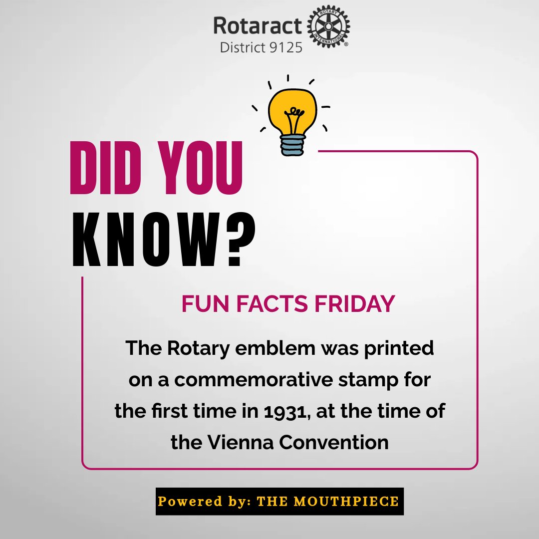 Rotaract9125NG's tweet image. DID YOU KNOW?

The first printed stamp of Rotary was in 1931

The Rotary emblem, a symbol associated with the international service organization Rotary International, was featured and printed on a commemorative stamp for the first time in 1931 in Vienna.

#FunFactsFriday