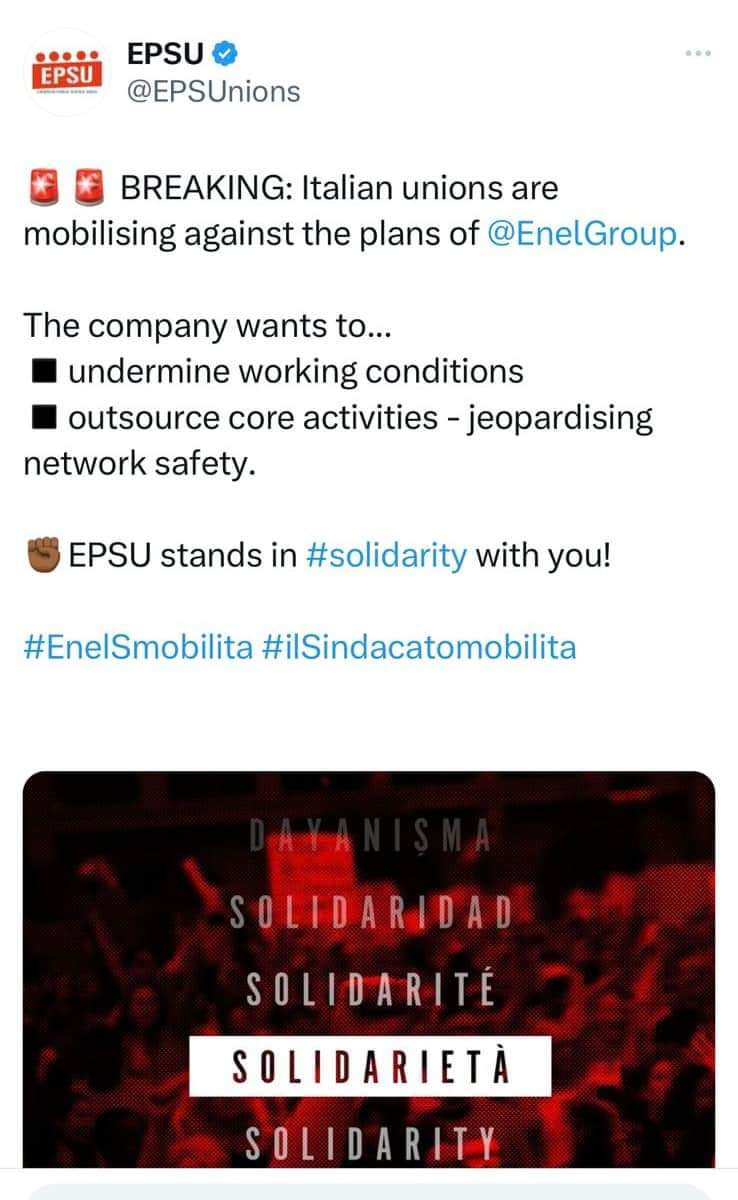 MrKlevra's tweet photo. La vertenza #enel arriva in Europa Gli 8 milioni di Lavoratrici e Lavoratori riuniti nella EPSU - Federazione Sindacale Europea dei Servizi Pubblici sostengono la nostra mobilitazione: “L’azienda vuole…indebolire le condizioni di lavoro...” #EnelSmobilita #IlSindacatoMobilita https://t.co/P3XVDuuXWW