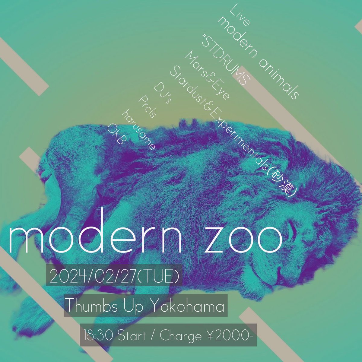 JIK_peoplejam's tweet photo. modern animals
Next Live
今回もGaku Kosugiを入れて4人で。
主催イベントやります
昨年のフジロックにも出た#STDRUMSも出演

"modern zoo"
2/27(TUE)横浜Thumbs Up
Open / Start 18:30-
Charge ¥2000-

Live
modern animals
#STDRUMS
Stardust&amp;Experimentals(砂漠)
Mars&amp;Eye

DJ
Prcls
harusame
OKB https://t.co/C0OsMejP2Z