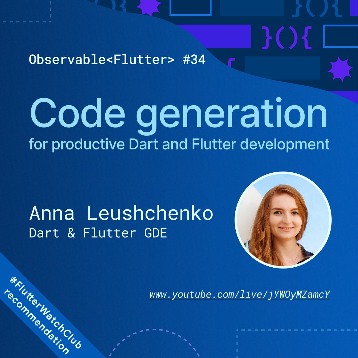 AnnaLeushchenko's tweet photo. This week, I have something special to recommend for #FlutterWatchClub!
Yesterday, I joined the Observable<Flutter> stream on the official #Flutter YouTube channel to talk about "Code generation for productive #Dart and #Flutter development". https://t.co/UYD9GhBkjT