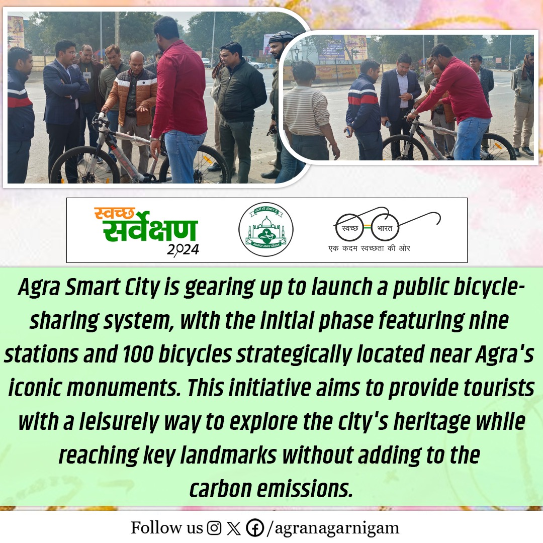 ULB Code 800804 Agra Smart City is gearing up to launch a public bicycle-sharing system, with the initial phase featuring nine stations and 100 bicycles strategically located near Agra's iconic monuments.