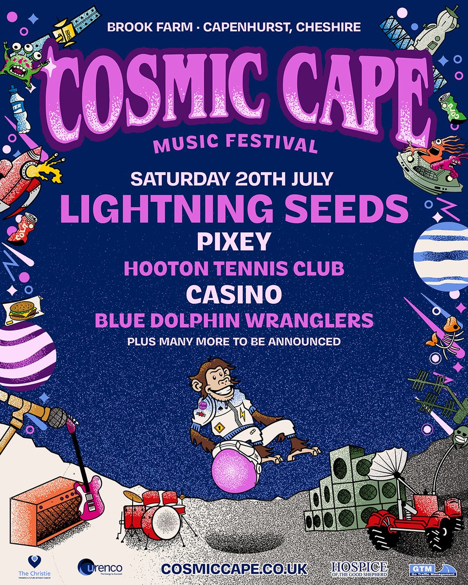 cosmiccapefest's tweet photo. The first wave of Cosmic Cape acts are here! Tickets on sale NOW… 🐵🚀 https://t.co/ZB3TyzvuE4