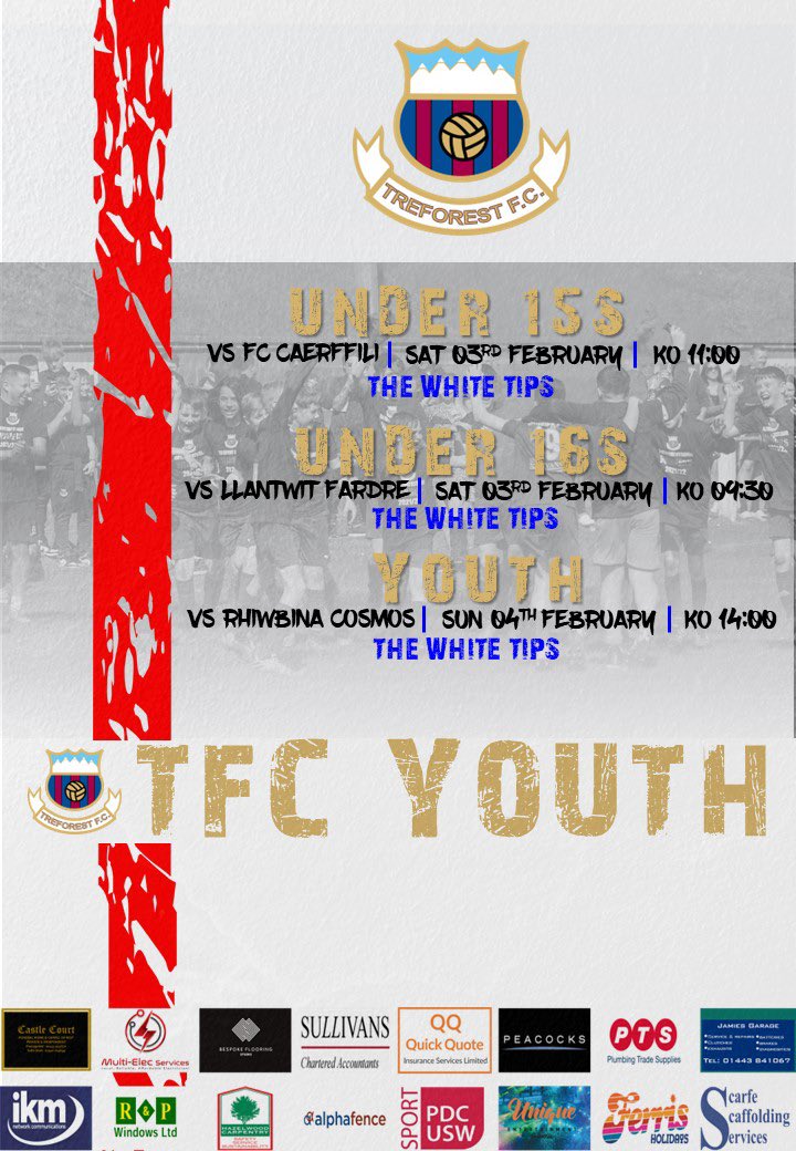 TreforestFC's tweet photo. 🚨YOUTH FIXTURES🚨

Three of our youth sides in action this weekend following an increbile week with all sides going unbeaten!

Same again please lads!

#oneclub🔴🔵 https://t.co/iWwAKsOz37