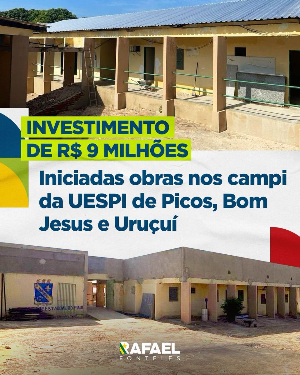 Iniciamos a reforma em mais três campi da nossa Universidade Estadual do Piauí: Bom Jesus, Picos e Uruçuí. Até o final do ano, o Instituto de Desenvolvimento do Piauí (Idepi) conclui esses serviços.

São obras que fazem parte do maior pacote de investimentos já realizados na
