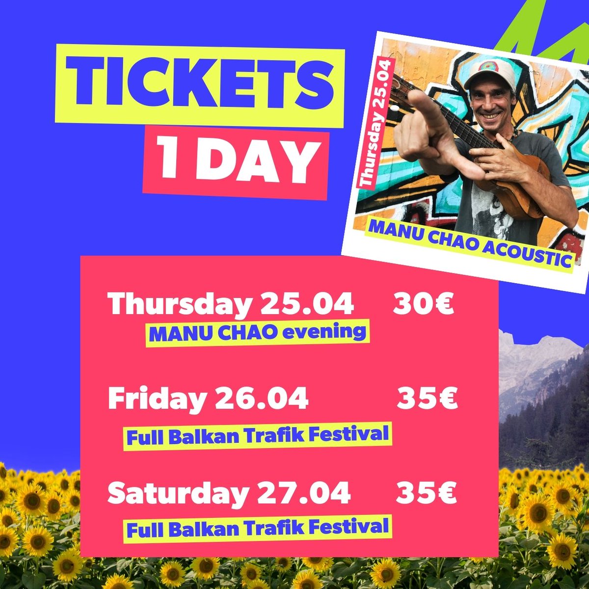 We don't want you to wait any longer for Manu Chao’s evening 🙌
1 DAY tickets available now!
👉  shop.utick.net/?pos=BALKANTRA…
