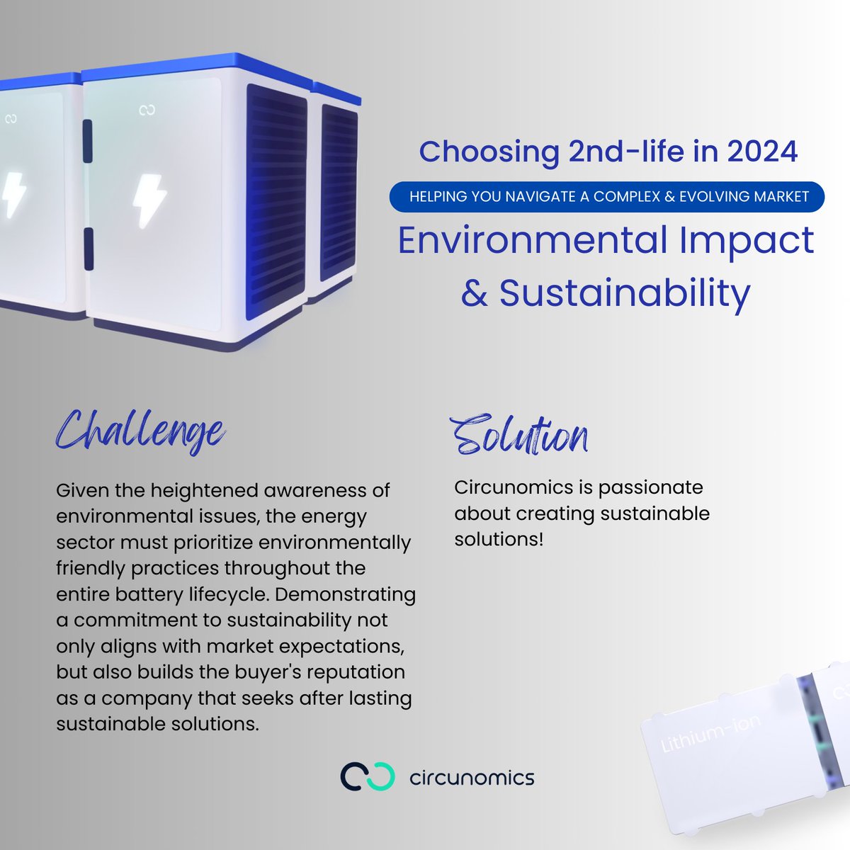 circunomics's tweet photo. The #energyindustry faces many challenges in #2024 transitioning towards 2nd-life battery usage.🔋We provide solutions through our innovative &amp; intelligent platform. 💥 Challenge #8: Environmental Impact &amp; Sustainability

#circulareconomy #reuse#sustainability #energytransition https://t.co/1q88qFicsb