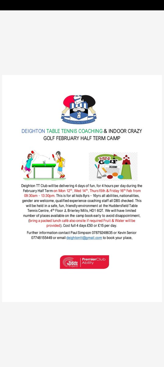 February Half term already here, keep your kids active and having fun.<a href="/AshbrowSchool/">AshbrowSchool</a> <a href="/tslkirklees/">Third Sector Leaders Kirklees</a> <a href="/oc_kirklees/">One Community</a> <a href="/HonleyHighUK/">Honley High School</a> <a href="/NLCSports/">NLC Sports</a> <a href="/KMSchool/">Kirkburton Middle School</a> <a href="/fixbyschool/">fixbyj&ischool</a> @NHTSchool <a href="/NHTS_PE/">NHTS_PE</a> <a href="/RastrickHigh/">Rastrick High School</a> <a href="/PennineSSP/">Pennine Partnership</a> @LindleyJS <a href="/KeighleyTT/">Table Tennis Centre</a> <a href="/PudseyTTC/">PudseyTTC</a> <a href="/Kirklees_Youth/">Kirklees Youth Alliance</a>