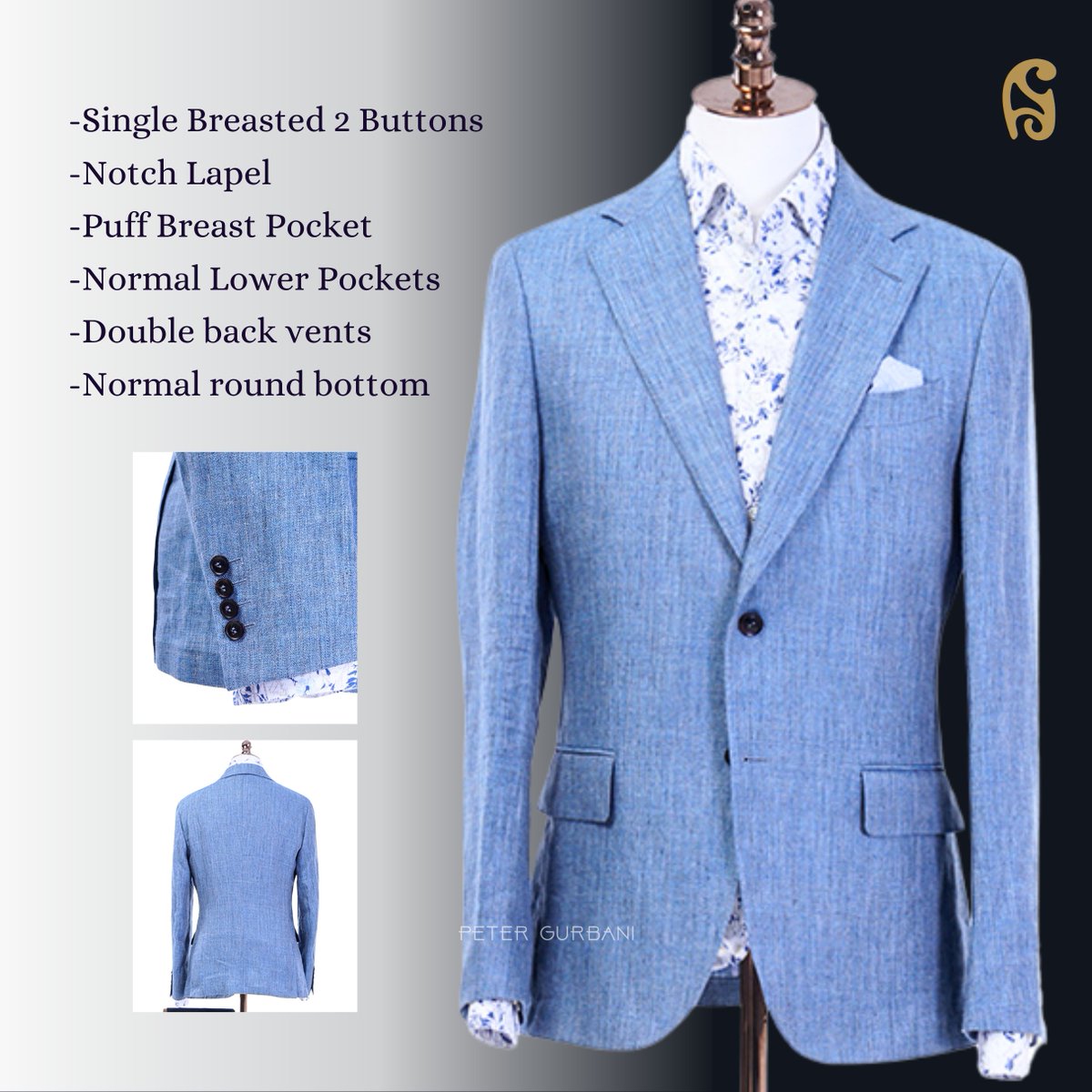 petergurbani's tweet photo. ✨Bespoke Men's Blazer
-Single Breasted 2 Buttons, Notch Lapel
-Puff Breast Pocket
-Normal Lower Pockets
-Full Sleeve with 4 Buttons
-Double back vents
-Normal round bottom
 
 You can customize your own suits/shirts as per your choice❤️
 -Order Now!!
#suits #blazer #menswear https://t.co/P2JRDSdEFJ