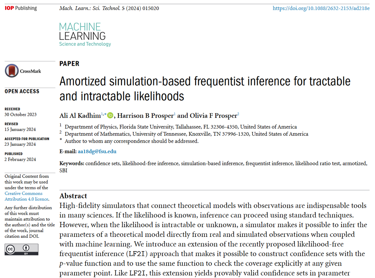 MLSTjournal's tweet photo. Great new work by @AliAl_kadhim Harrison Prospser and Olivia Prosper @FSUPhysics @MathDeptUTK - 'Amortized #simulation-based frequentist inference for tractable and intractable likelihoods' - https://t.co/A1yywGWlaN #machinelearning #AI #statphys #comphys #HEP #cosmology #bigdata https://t.co/MuZQQABIWJ