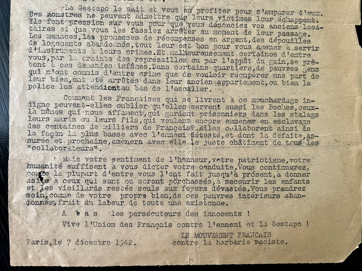 fred_manfrin's tweet photo. Trouvé dans le fonds des Recueils parmi des documents bien postérieurs, ce tract clandestin très rare. Après les rafles de 1942, le Mouvement français contre la barbarie raciste s’adresse aux concierges parisiennes, demandant a minima de ne pas dénoncer les juifs.
Bouleversant. https://t.co/b3g4mjG8eS