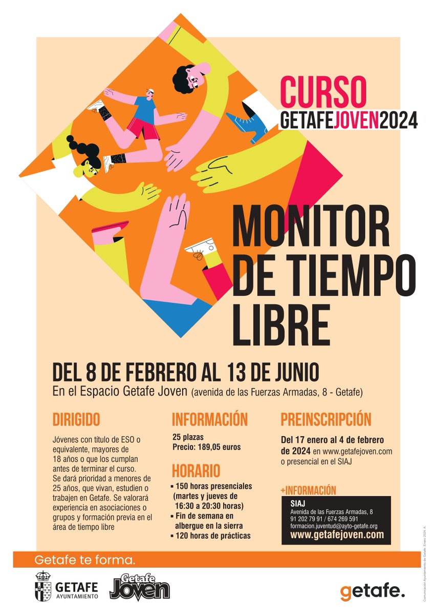 getafejovenX's tweet photo. Atención!!! El 4feb. se cierra el plazo de solicitudes para el #cursodemonitor de #getafejoven. Comienzo inmediato, título homologado por la Comunidad de Madrid, 150h. + mas fin de semana en la sierra + 120h. de prácticas. Toda la informacion en https://t.co/y0GmqVdfCU #SIAJ https://t.co/5LXt42z7YL