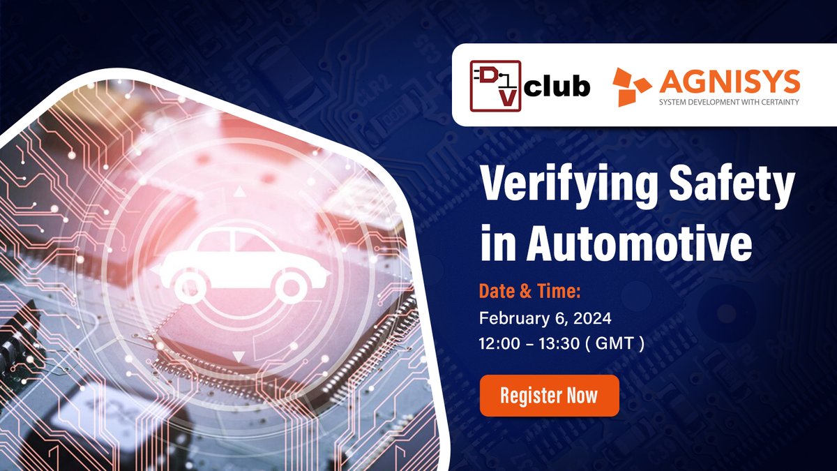 Agnisys's tweet photo. Join us at @dvclub Europe webinar on Verifying Safety Features in Automotive. @Agnisys will be focusing on “Functional safety and security in embedded systems”.
Register Today: https://t.co/2QGTFueqog
#semiconductors #SemiEDA #webinar #functionalsafety https://t.co/zBY0If26vj