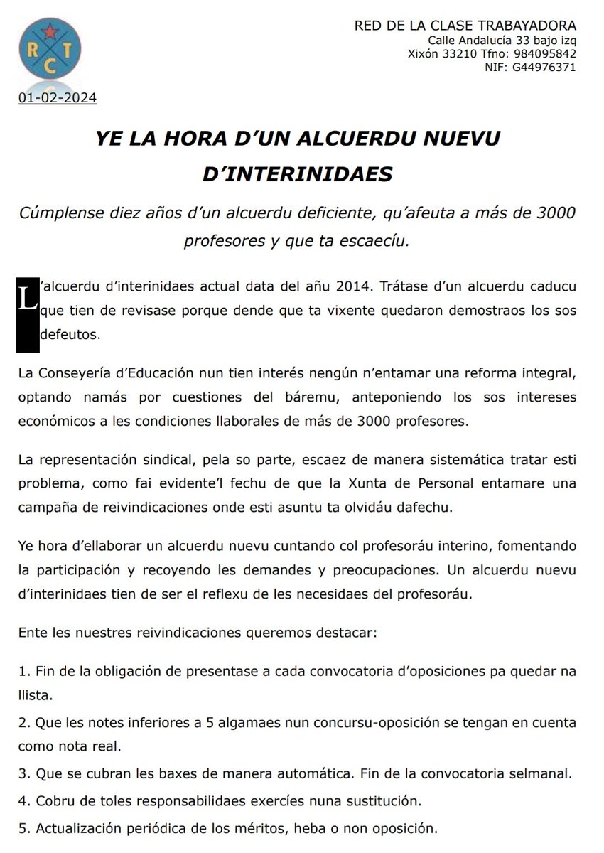 RCTEducacion's tweet photo. ⏰Ye la hora de nuevu alcuerdu d'interinidaes 

📆26 de febreru, asamblea

🗣Que s'escuche la nuesa voz

#Educacion #Asturies #Asturias https://t.co/2ROwuDDuA2