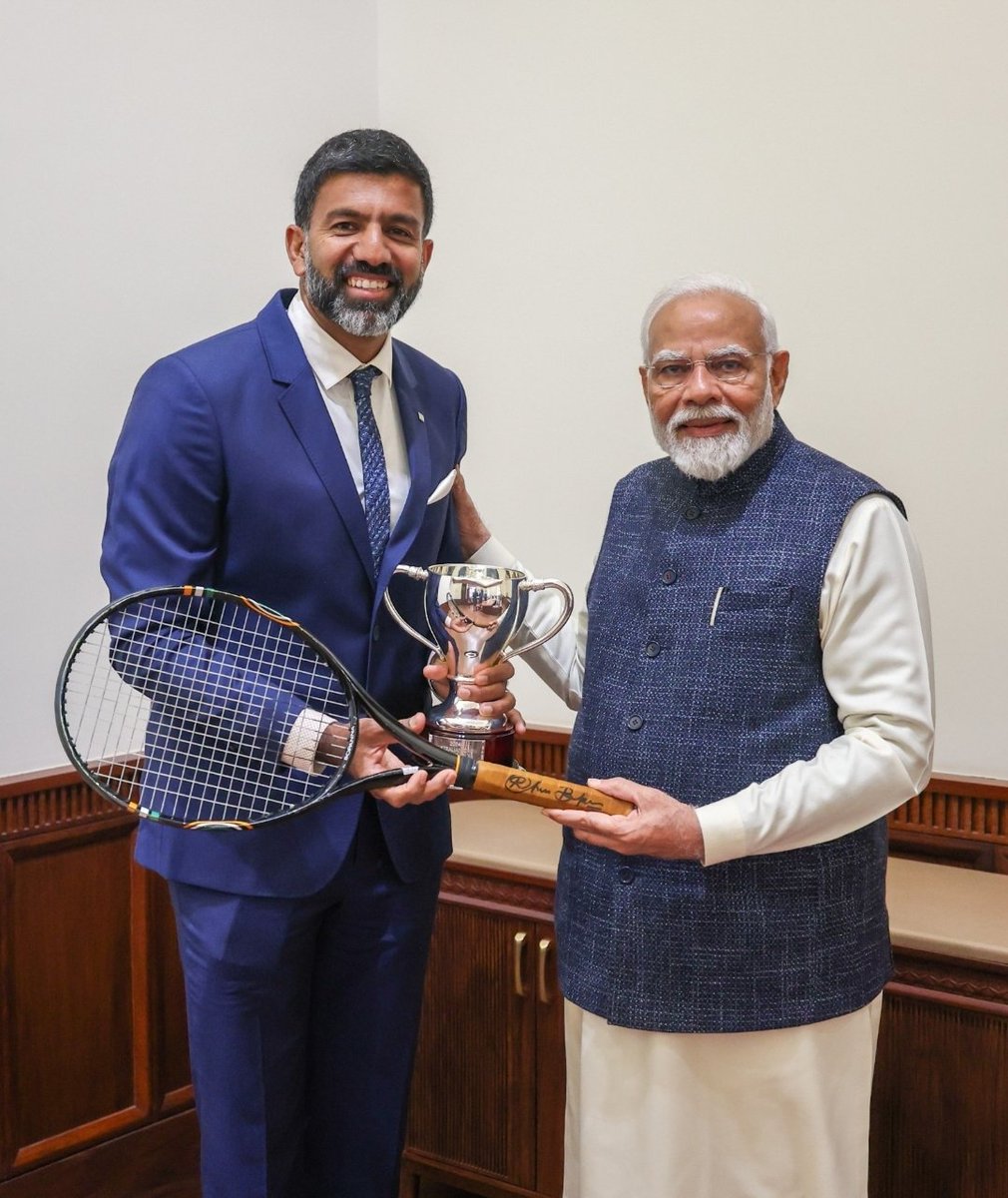 rohanbopanna's tweet image. I had the privilege to meet our honourable Prime Minister Modi ji today.  This acknowledgement is very humbling &amp;amp; it was my honour to present the very racket that led me to become World no. 1 and the AO grand slam champion. Your grace has left me inspired &amp;amp; encouraged. @PMOIndia