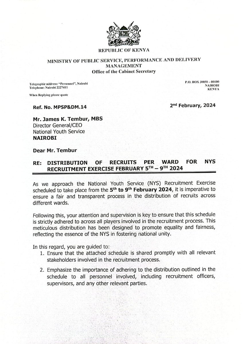 HonMoses_Kuria's tweet photo. Distribution  of Recruits per Ward  for @NYS_Ke  recruitment exercise set to kick off on February 5 to February 9 /2024. https://t.co/Z2luAhQtxn