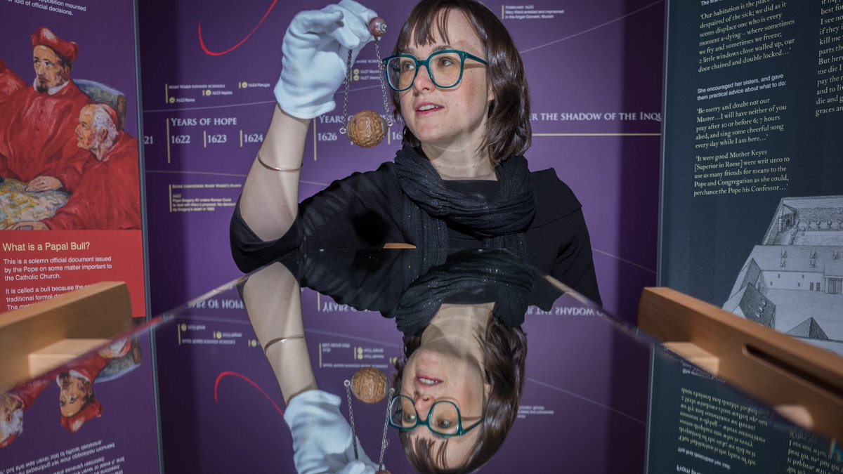 Mary Ward’s C17th Paternoster Bead is made of carved wood, &amp; is the only one of its kind. It's engraved with notches &amp; grooves which were likely used to assist prayer &amp; meditation. It was with members of Mary Ward’s order in Germany before being donated to the Bar Convent in 1967