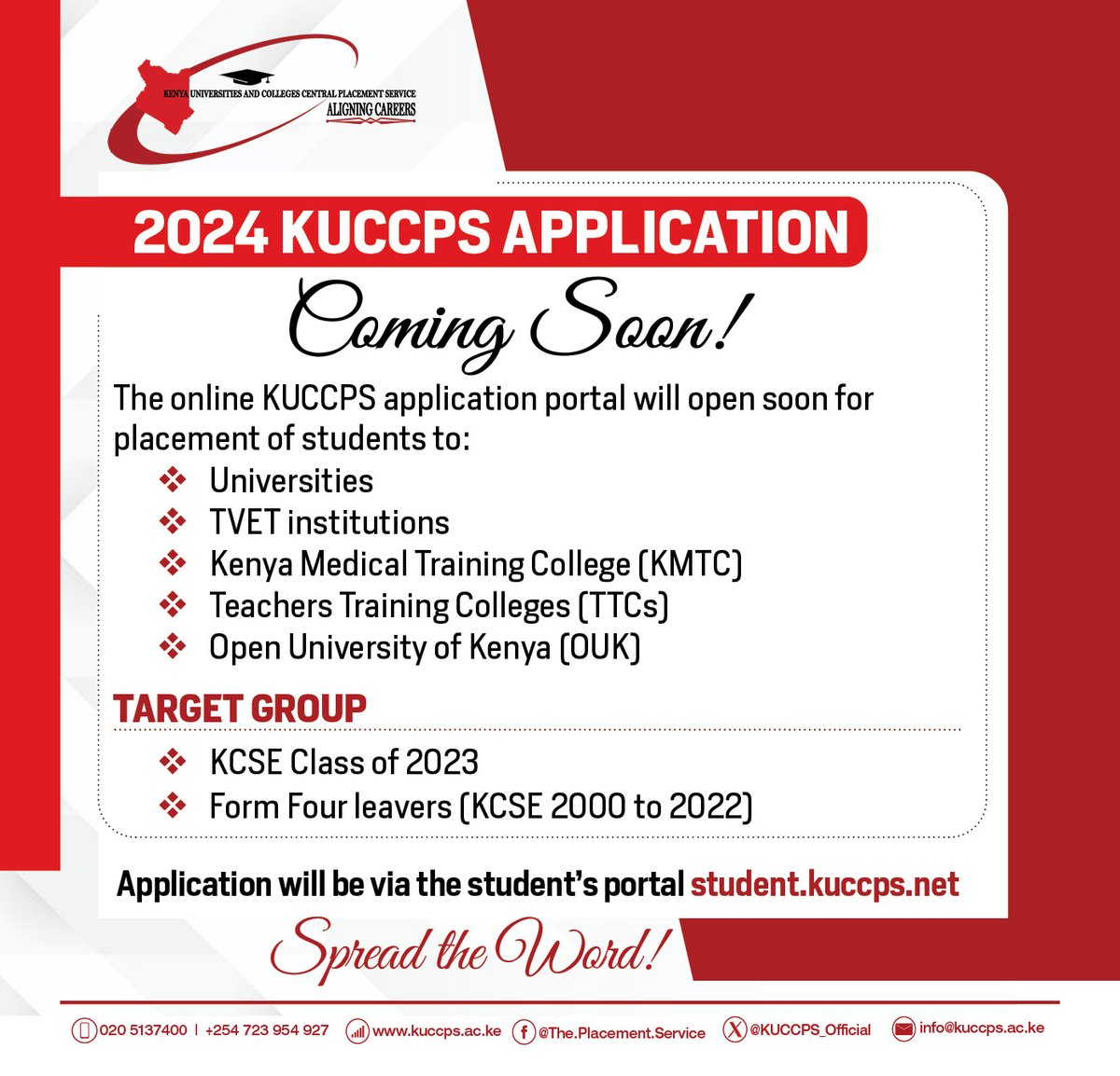 KUCCPS_Official's tweet photo. #ComingSoon The online KUCCPS application portal will open soon for placement of students to: Universities, TVET institutions, KMTC, TTC and OUK. KCSE class of 2023 and other form four leavers (KCSE 2000 to 2022) can apply at https://t.co/eGg3q2Wxmb https://t.co/m36IO0oQwi