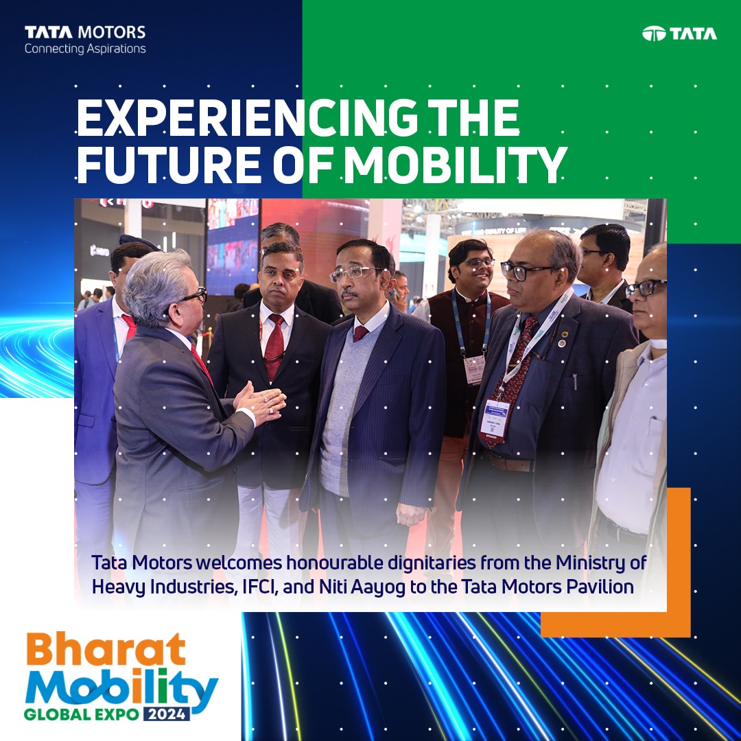TataMotors's tweet photo. Tata Motors thanks Mr. Kamran Rizvi, Secretary, Ministry of Heavy Industries, ⁠Dr. Hanif Qureshi, Additional Secretary, Ministry of Heavy Industries, ⁠⁠Mr. Suneet Shukla, Chief General Manager, IFCI, ⁠Mr. Kunal Naik, Deputy General Manager, IFCI and Mr. Sudhendu Jyoti Sinha, Advisor Niti Aayog, for visiting the Tata Motors Pavilion at the ongoing #BharatMobilityGlobalExpo2024. 

#TataMotors #ConnectingAspirations