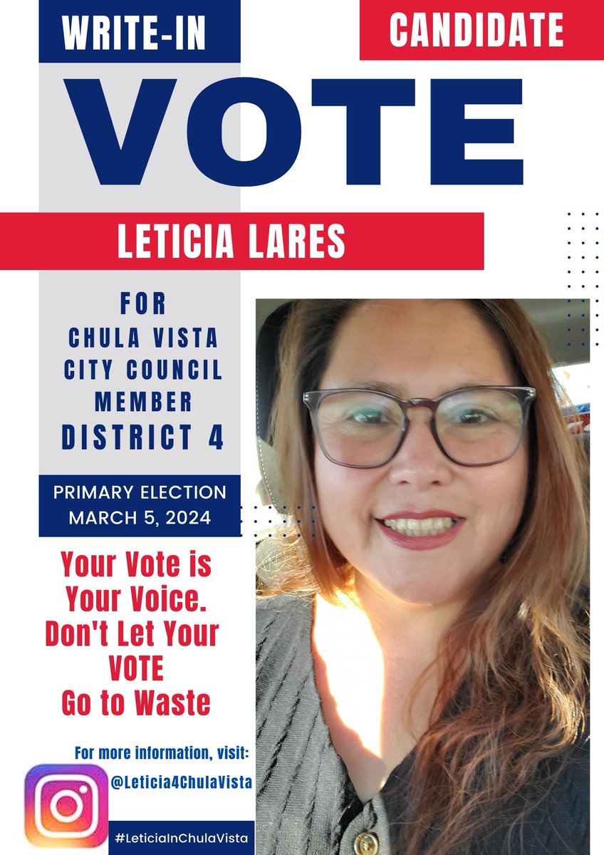 LetyLares's tweet photo. Hola! Soy Leticia Lares y te invito a votar por mi. ESCRIBE MI NOMBRE en la sección de WRITE-IN en tu boleta para votar.  Gracias! https://t.co/5QUeYm2PCx