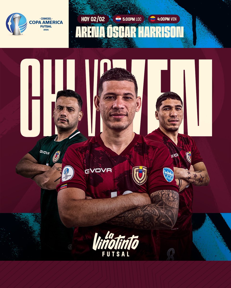 FutsalFVF's tweet photo. Llegó el día 🍷⚽️

La #VinotintoFutsal hará su debut en la @CopaAmerica 2024 🆚🇨🇱 en la Arena Óscar Harrison de Paraguay.

¡Todos juntos por el sueño mundialista! 🫂❤️

#SiempreVinotinto 🇻🇪 https://t.co/NCIIIpF7uj