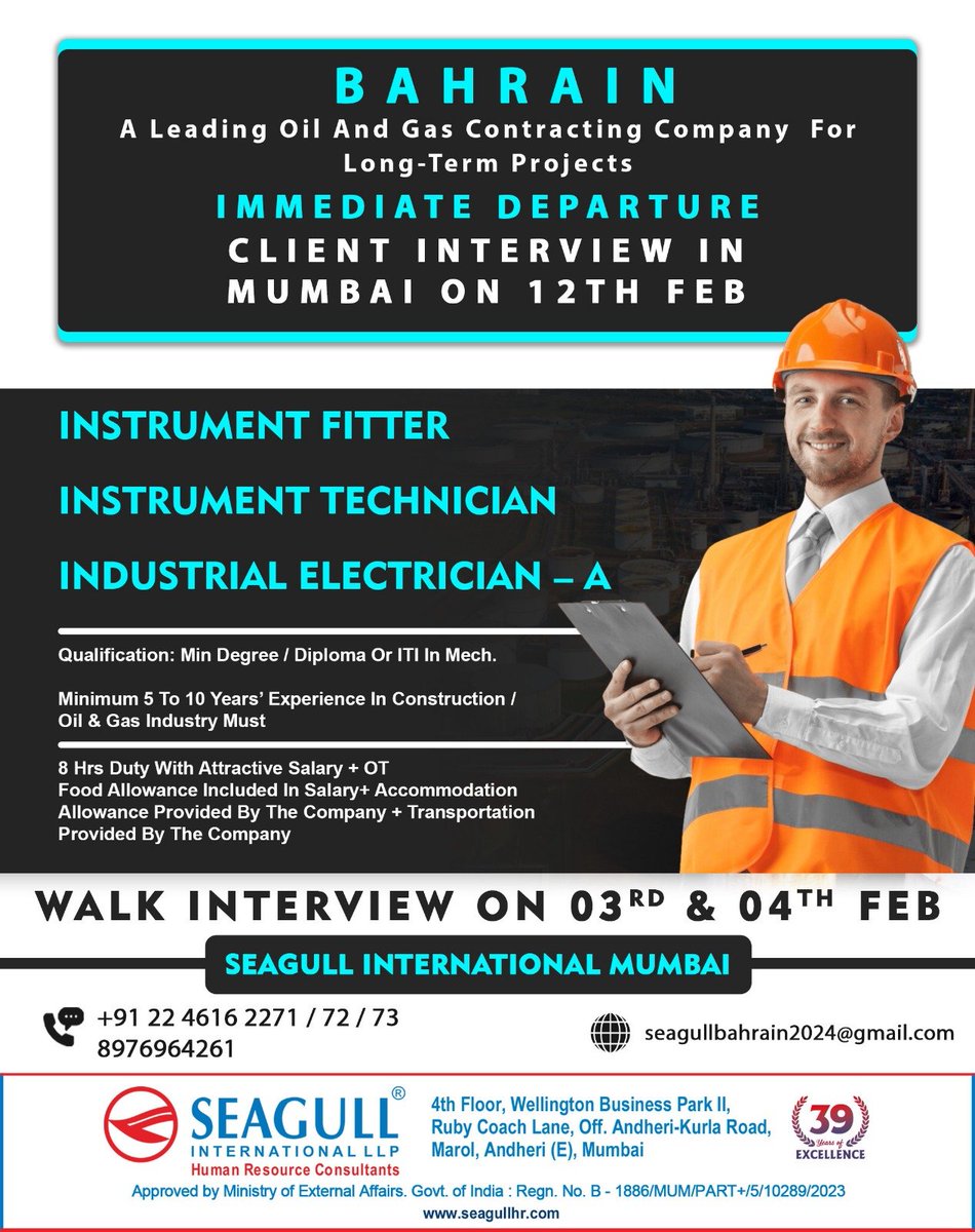 hrd1_seagull's tweet photo. 🇧🇭Bahrain Jobs
‼️Long Term Project - Immediate Departure
🗓️Walk In Interview On 03rd & 04th Feb 2024
📍Client Interview In Mumbai On 12th Feb 2024
📍Location - Mumbai
.
.
.
#bahrainjobs #seagull #instrumentfitter #instrumenttechnician #industrialelectrician https://t.co/w7rBCHtuCh