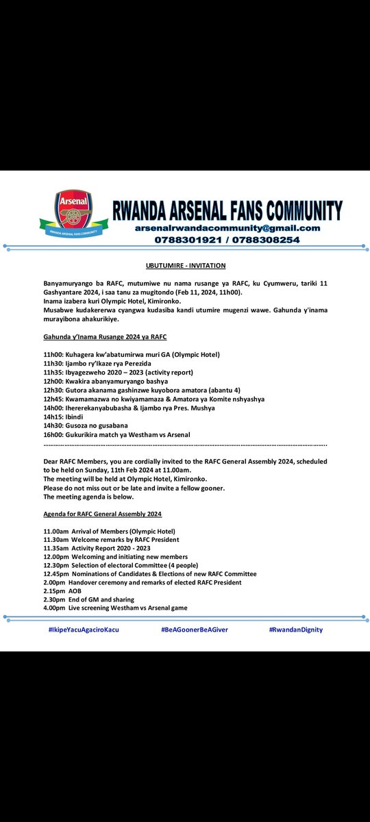 The Rwanda Arsenal Fans Community is inviting you in the General Assembly on 11th February 2024 which will take place at the Olympic Hotel at 11a.m

Don't miss out or late &amp; invite your fellow gooner because we will receive the new members if you want to join this is your time🙌