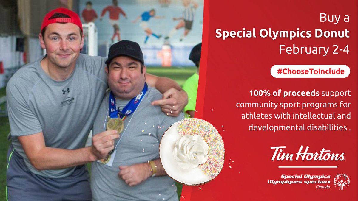 February 2-4 help make a difference and purchase a <a href="/TimHortons/">Tim Hortons</a> Special Olympics Donut, in doing so, you'll be lending crucial support to thousands of <a href="/SOOntario/">Special Olympics Ontario</a> athletes. What's EVEN MORE special is 100% of proceeds support local <a href="/SOOntario/">Special Olympics Ontario</a> programs! #ChooseToInclude