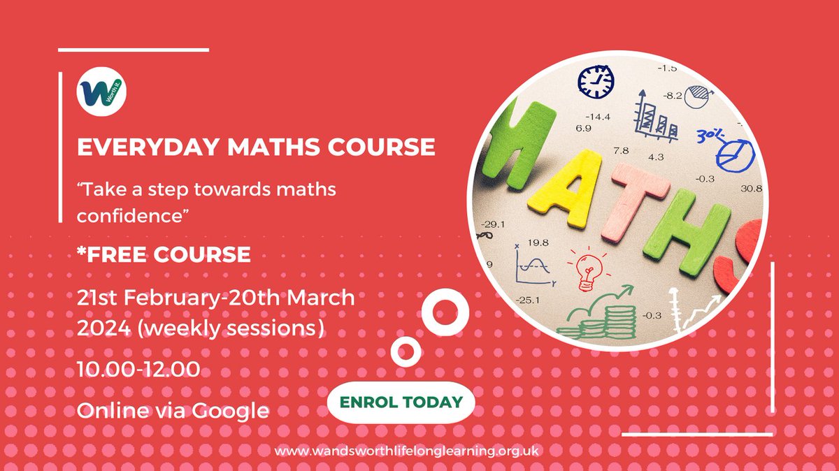 WBCLLearning's tweet image. Turn everyday maths into a breeze with our practical #MathsCourse. Refresh your understanding of the basics &amp;amp; learn to navigate life confidently. Register here: forms.office.com/e/ZhxdNKtCyf. *#FreeCourse, subject to criteria. #EverydayMaths  #WandsworthLifelongLearning