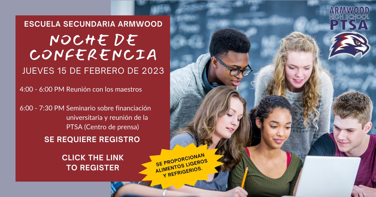 armwoodhsptsa's tweet photo. Join us after conference night for our next PTSA meeting featuring a free college funding seminar. We'll also share details on PTSA elections and senior scholarships. Don't miss out!

https://t.co/KB8ofc10Se https://t.co/7V6vRdYMTO