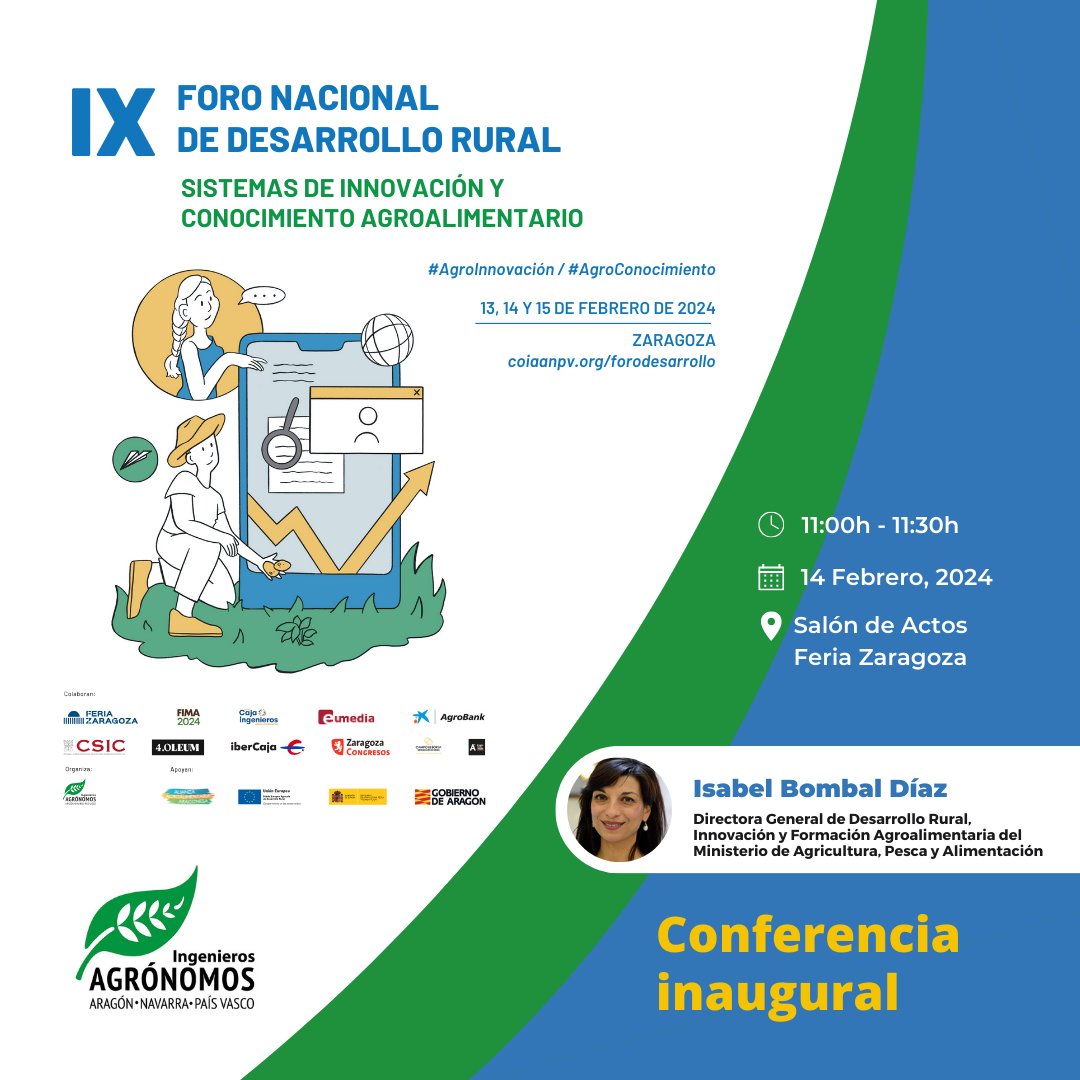 Foro Nacional de Desarrollo Rural (@ruraldesarrollo) on Twitter photo #️⃣ #AgroInnovación / #AgroConocimiento
📆 14 de febrero
📍 <a href="/fima_agricola/">FIMA 2026</a> - <a href="/feriadezaragoza/">Feria de Zaragoza</a>
👩💼 Conferencia inaugural impartida por <a href="/Isabelbombal1/">Isabel Bombal Diaz</a>, Directora General de Desarrollo Rural, Innovación y Formación Agroalimentaria del @mapagob.
ℹ️ Más información: #️⃣ #AgroInnovación / #AgroConocimiento
📆 14 de febrero
📍 <a href="/fima_agricola/">FIMA 2026</a> - <a href="/feriadezaragoza/">Feria de Zaragoza</a>
👩💼 Conferencia inaugural impartida por <a href="/Isabelbombal1/">Isabel Bombal Diaz</a>, Directora General de Desarrollo Rural, Innovación y Formación Agroalimentaria del @mapagob.
ℹ️ Más información: