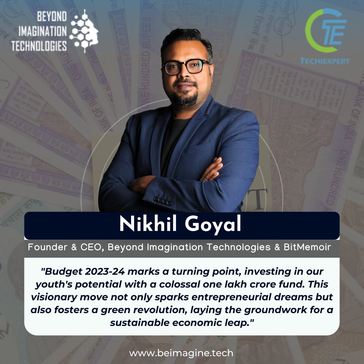 beimagine_tech's tweet photo. Our CEO and Founder Mr. @nikrider07 shares his perspective on the transformative budget, applauding its focus on youth empowerment, entrepreneurship, and sustainability. A visionary step towards a brighter, greener India, setting the stage for innovation and prosperity. https://t.co/8OQhRsBckC