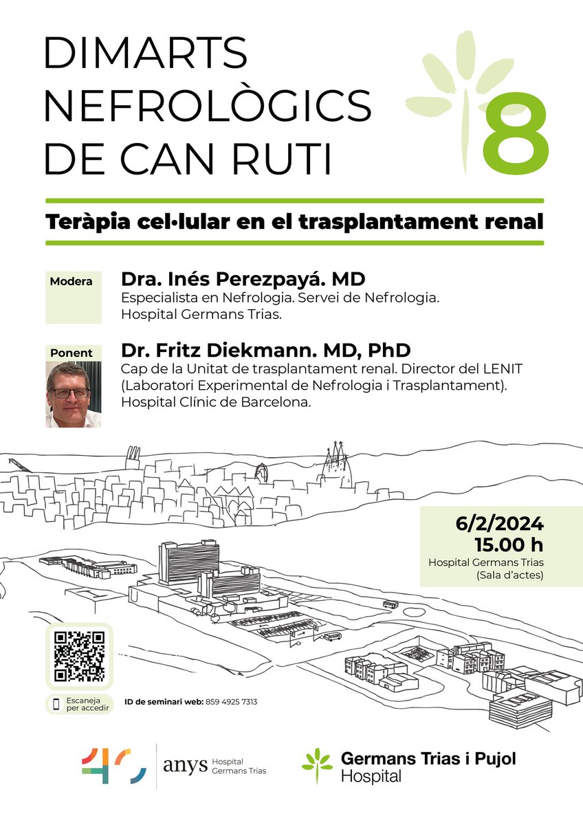 nfrgermanstrias's tweet photo. Retomamos con fuerza en 2024 los #MARTESNEFROLOGICOSDECANRUTI con la 8a edición,próximo martes 6 de febrero 2024, a cargo del gran @fritzdiekmann que nos ilustrará sobre la TERAPIA CELULAR EN EL TRASPLANTE RENAL. os esperamos presencialmente o vía web! https://t.co/9rq6qMVj4T https://t.co/sagXIJmrI5