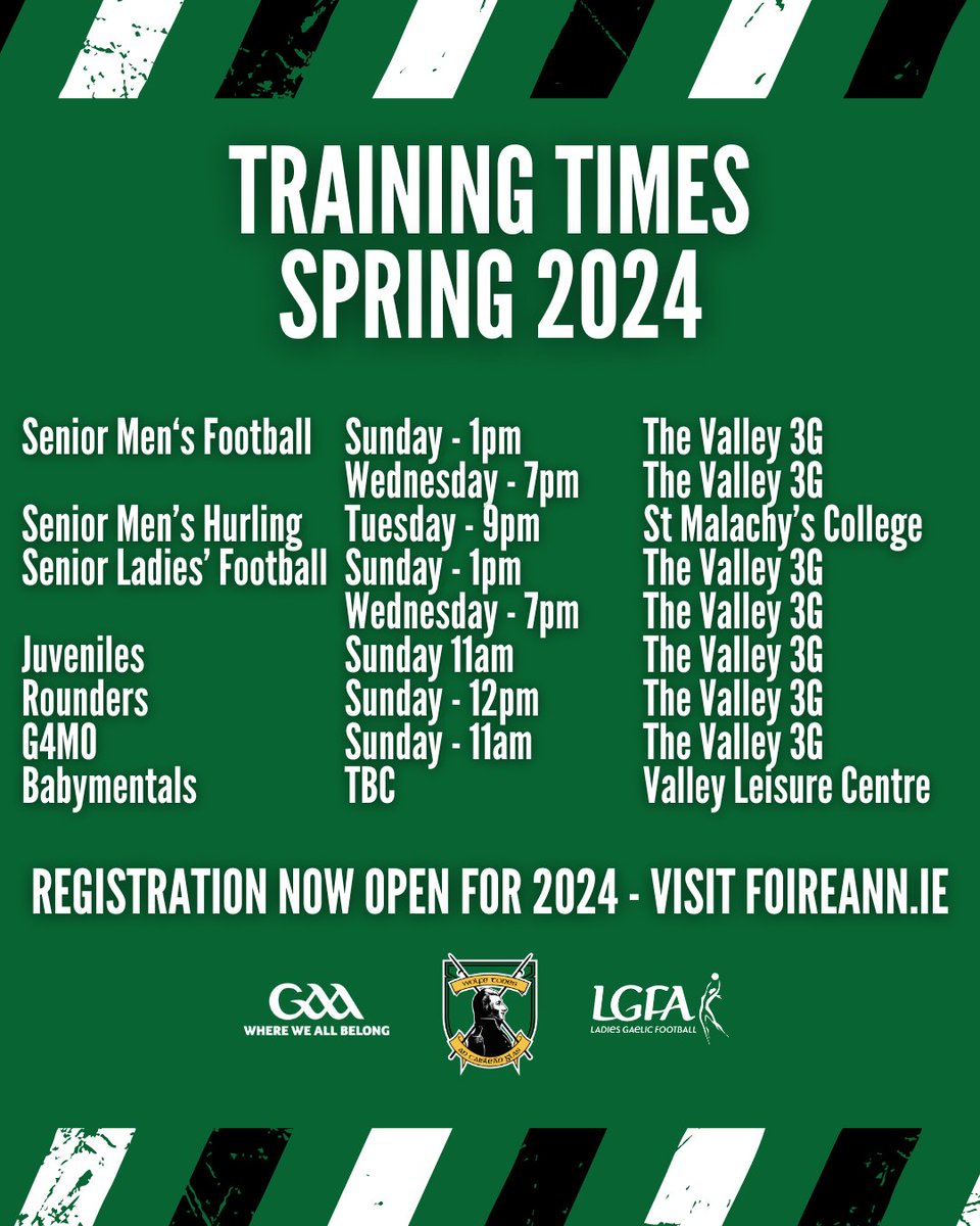 Training times for Spring 2024
Remember - you must be registered to train and play. Visit foireann.ie to register now