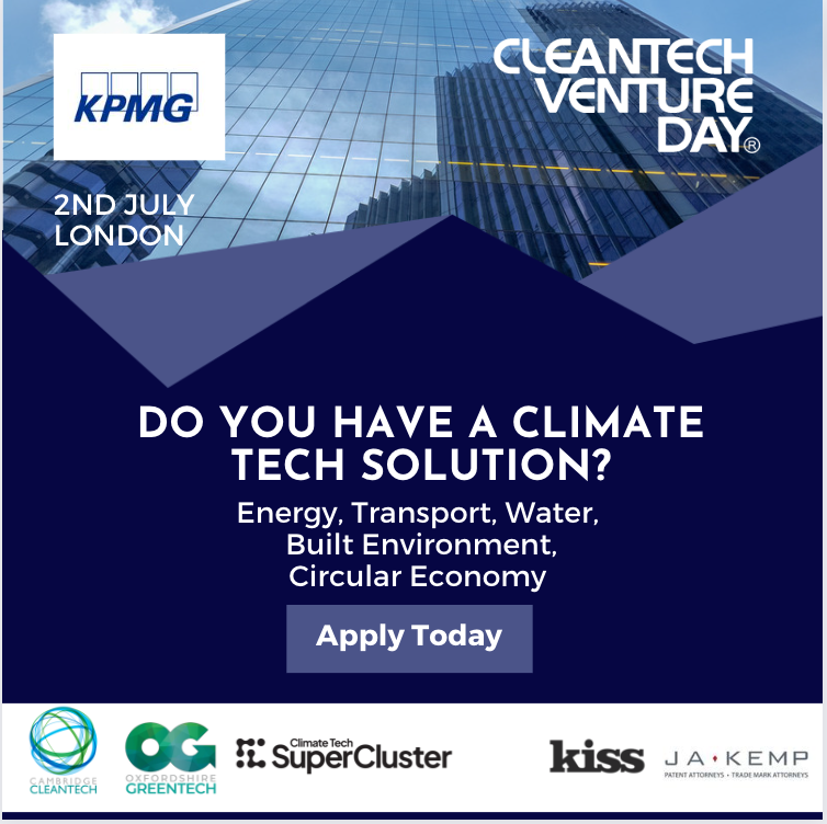 CamCleantech's tweet photo. 🚀 Apply to pitch your #cleantech innovation at Cleantech Venture Day. 

📅July 2, 2024
📍@KPMG_UK, Canary Wharf

Apply by 22/03: https://t.co/tgC1d4tkqg #climatetech @Ox_Greentech @CTSupercluster https://t.co/zGgi9ipqzI