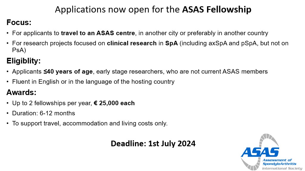 Applications are open for the ASAS fellowship! For: early stage clinical researchers in spondyloarthritis (not including PsA) Supports travel to an ASAS centre, preferably another country. Due 1 July. See details and application here: asas-group.org/research/asas-…