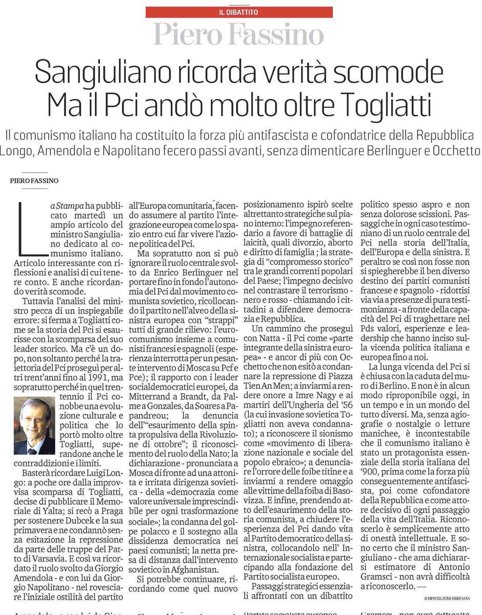 Una riflessione su passaggi cruciali della storia della sinistra, per comprendere il cammino politico e culturale del #PCI e il suo ruolo nella vita della Repubblica.
Ne ho scritto su La Stampa di oggi 👇🏻