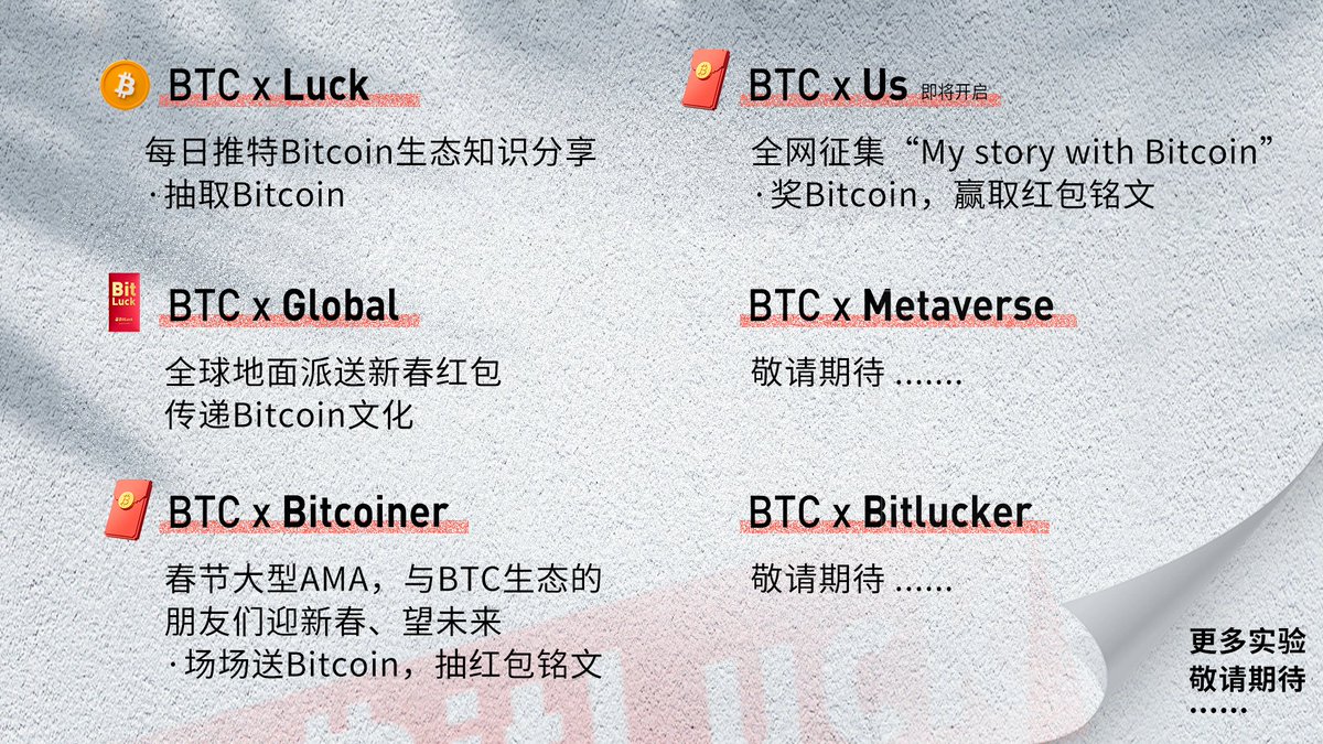 bitluckCN's tweet photo. 比特币 x 红包社会实验正式开启，新春派送2.100枚比特币红包

什么是比特小红包？
“拜年？Luck？社交？Meme？神秘的东方力量？且让小红包再飞一会。”

为什么要发Bitcoin？
“只把钱发出去了，胜算三成；把使命传递到了，胜算就有六成。”

为什么去全球发红包？
“民族的也是世界的，用文化来破壁，把Bitcoin的故事传递给更多人。”  

人们总是追问How to do，但更重要的是明白Why to do。

新浪潮的重大意义，是让比特币离大众更近了一步。
 
此刻在意东西方已不再重要，从第一天起，比特币就是世界的。 

在大规模社交共识融合之际，分享与祝福会带来更多传递与理解，拥抱与开放会带来更多的想象与创新。

新春快乐！
小红包，大梦想。

 It's Time to Make Bitcoin Popular.

1️⃣关注@bitluckCN @bitluck_global
2️⃣转发+点赞
3️⃣评论区@三位好友，抽取10位瓜分0.01BTC（430U）;
4️⃣评论区留下bc1p地址，再抽取3位赠送BitLuck小红包铭文🧧，拜个早年

48小时开奖🎁

#bitcoin #bitluck #红包铭文 #BRC420