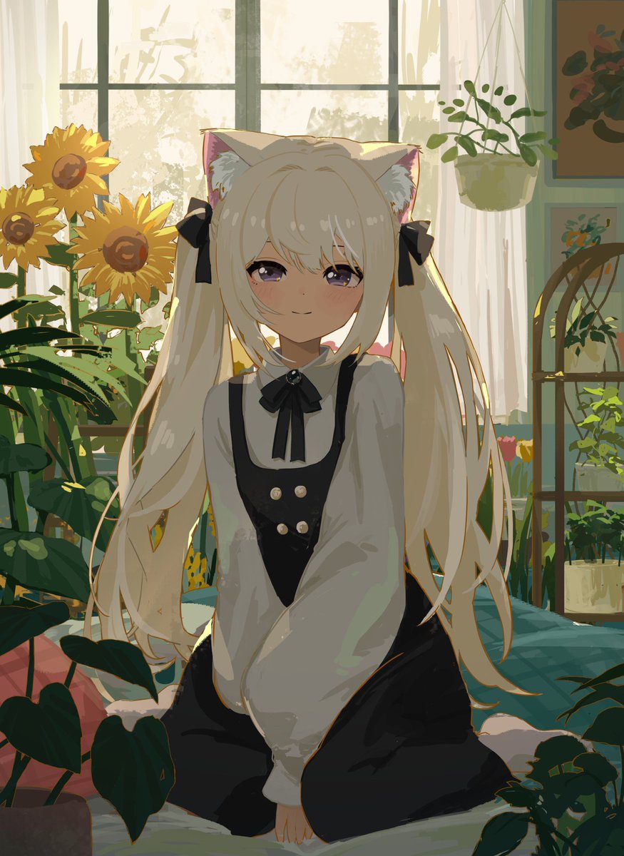 1girl animal ears solo flower twintails long hair animal ear fluff  illustration images