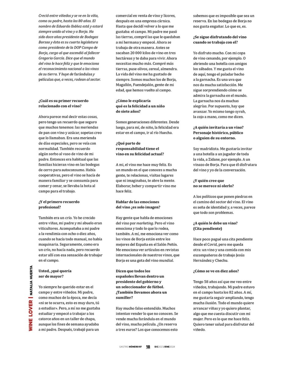En la revista gastronómica @gastroaragon , nº 97 de diciembre, se publicó una entrevista a Eduardo Ibáñez, presidente de la #DoCampoDeBorja🍇, bajo el título Eduardo Ibáñez, 'Tengo el paladar hecho a la Garnacha'. #MovimientoVinoDO
