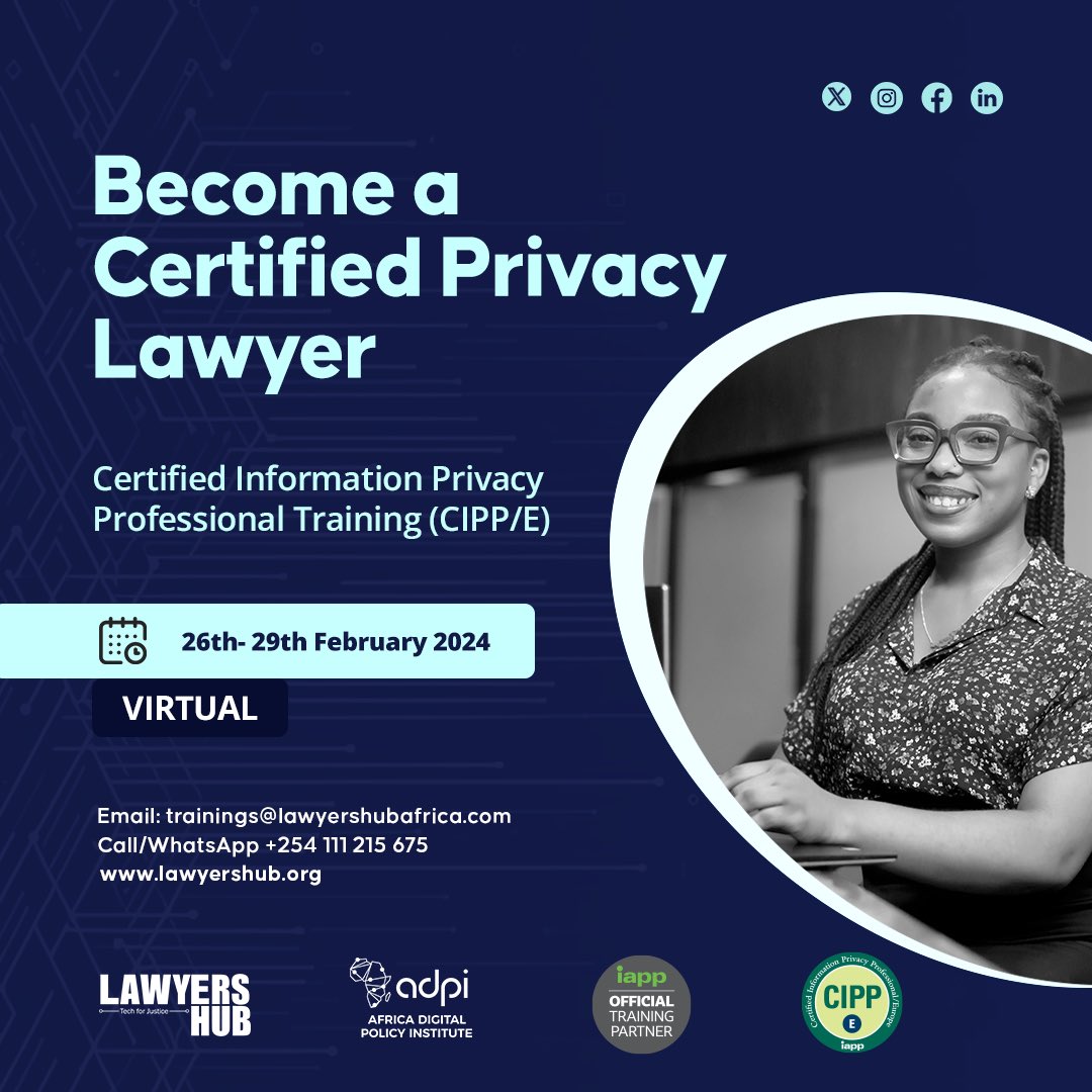 lawyershubHQ's tweet photo. 📌Become a Certified Information Privacy Professional (CIPP/E) for less! 

💰 Save Big! Get CIPP/E Training for only $850

🔔Register Today at https://t.co/tOXF38CRzM

Email:trainings@lawyershubafrica.com or call tel:+254111215675 for inquiries
#aipp #dataprotectiontraining #DataPrivacyDay2024