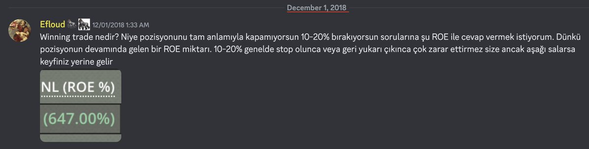 Efloud's tweet photo. Winning Trade Stratejisi/Mantalitesi

Paylaştığım analizlerin altında son zamanlarda çok fazla "pozisyonu erken kapattım, keşke taşıyabilseydim" yazısı görüyorum.

Kârdayken ürünü taşıyamayanlar veya erken kapattığı için daha az pişmanlık duyacaklar için basit ama efektif bir psikolojik baskıyı azaltma yöntemi iletmek istedim.

Bir üründe perpetual/margin tarafında kârlı trade'inizi tamamladınız diyelim. Pozisyonunuzun 10% civarını açık bırakın veya pozisyonunuzu komple kapatın ve kârınızın 10%'u ile o ürünü spot piyasasından alın.

İşler istediğiniz gibi gitmezse kümülatif olarak büyümenizi 10% kısmış olacaksınız.

İşler istediğiniz gibi giderse, bilhassa trend'de işlem yaptıysanız, size o 10%'lar güzel bir pasif gelir sağlayacaktır.

Bu sayede;
1) Spot trade fobinizi yenersiniz.
2) Vadeli tarafta erken kapattığınızı düşündüğünüz bir pozisyon olsa bile bakiyenizin artışına şahit olursunuz.
3) HTF grafiklere bakarak trade edebilmeyi öğrenirsiniz, swing pozisyon taşıyabilirsiniz.
4) Güçlü yatırımcı psikolojisi ile düşünmeye bir adım daha yaklaşmış olursunuz.
5) İster istemez yatırımcı olursunuz. Ki bana kalırsa trade'den daha çok para kazandıracak bir sistem varsa o da yatırımdır.

Ben bu sisteme "winning trade mentality/strategy" adını vermiştim. 2018'den beri bir fiil uygularım, sonuçları tahmin edebileceğinizden güzel yansıdı. Açık olan 10%'u ömür boyu taşımanıza gerek yok. Kâr sizi tatmin ettiği yerde çıkış yapabilirsiniz.

2018'den beri her kârınızda sadece $BTC'i bu şekilde taşıdığınızı hayal edin. Pasif bir gelire 10x'den fazla yaptırmış olacaktınız 🤝