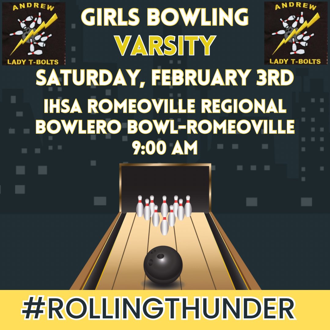 Andrew Athletics (@vjabolts) on Twitter photo It’s regional time for <a href="/vjaGirlsBowling/">Andrew Girls Bowling</a> on Saturday at Bowlero in Romeoville
Good luck! It’s regional time for <a href="/vjaGirlsBowling/">Andrew Girls Bowling</a> on Saturday at Bowlero in Romeoville
Good luck!