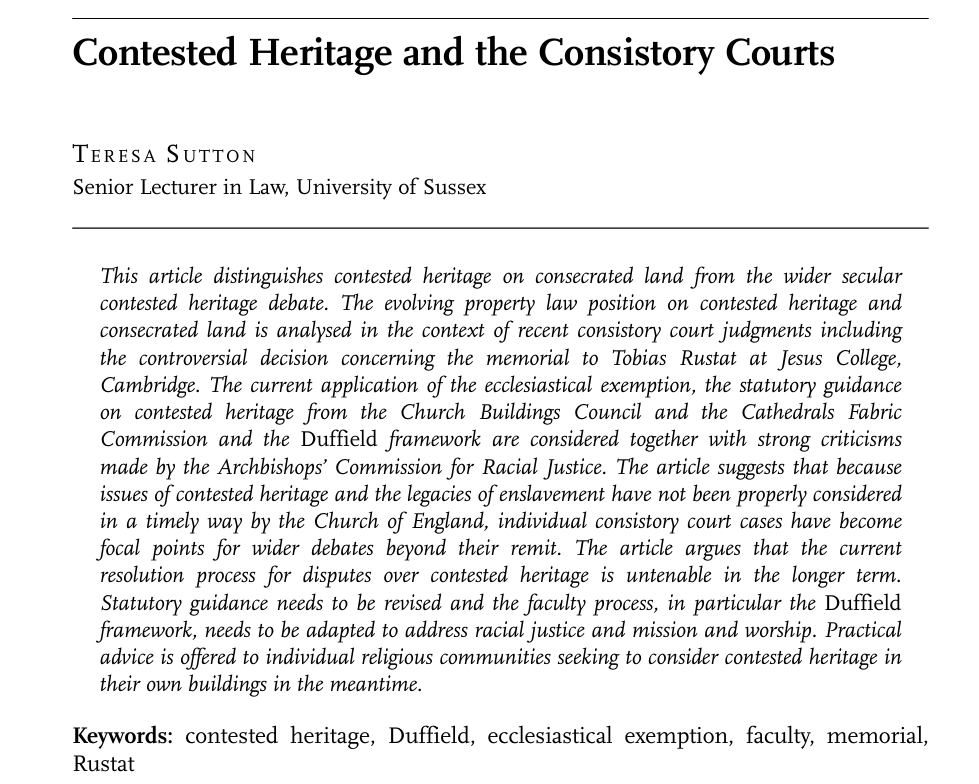 SanjeePerera1's tweet photo. An excellent paper by Terresa Sutton, Senior Lecturer in Law, @SussexUni on #ContestedHeritage and the #ConsistoryCourts.
#ChurchOfEngland #FacultySystem #Duffield #CourtOfArches #Rustat #CanonLaw, #EcclesiasticalExemption #faculty #memorial,
https://t.co/s5bWGj6C5A https://t.co/dnwC7T4dMX