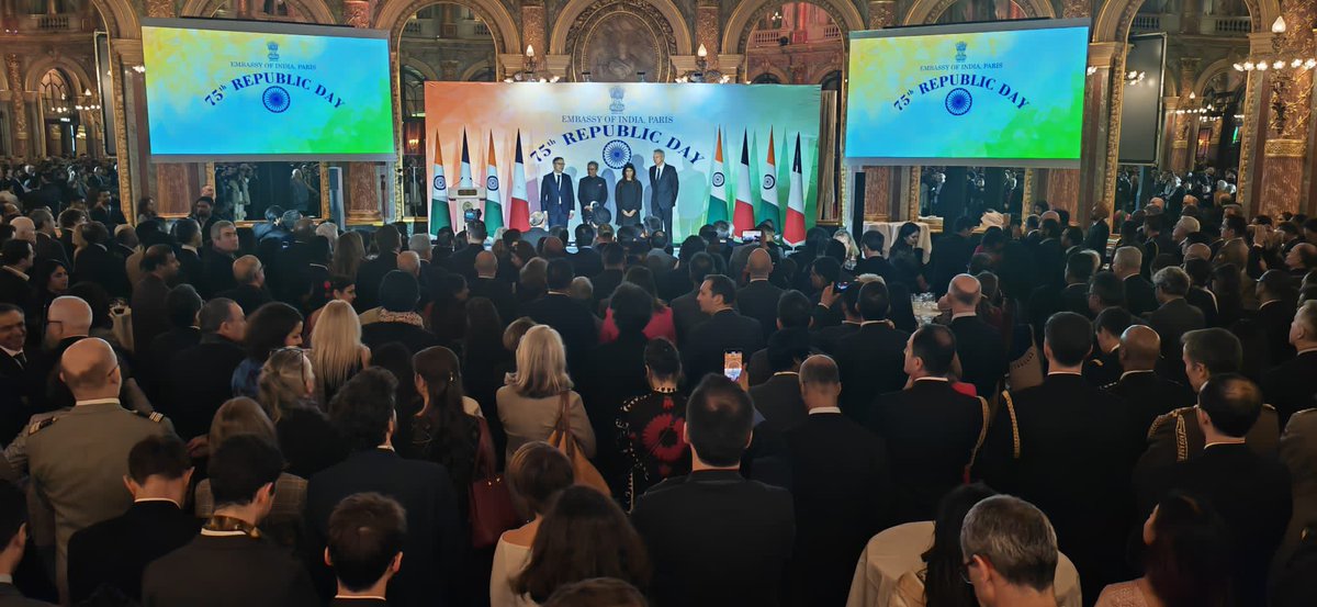 IndiaembFrance's tweet photo. The new energy in 🇮🇳 🇫🇷 ties from a historic year in the Strategic Partnership visible at  75th Republic Day réception! 

Thank you Minister Delegate in charge of Democratic Renewal, Government Spokesperson @priscathevenot for honoring the occasion. https://t.co/Q0d95pp2oM