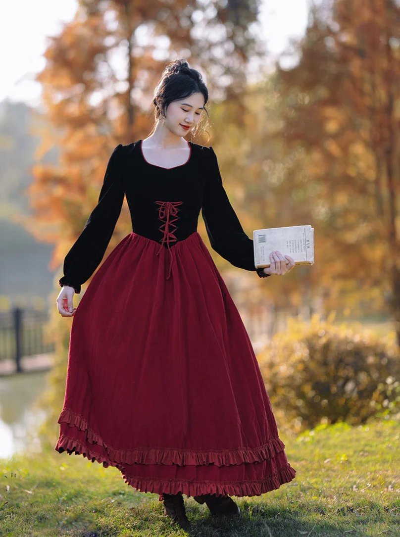 Red Black Victorian Dress 🌟5% OFF with code: TCC🌟 Size: S - L. Material: velvet + corduroy. Lining Material: acrylic. #womensfashion #wintershopping #victoriandress #modestfashion #longdress #velvetdress #corduroydress #giftforher ad 👇 thecottagecore.com/collections/ne…