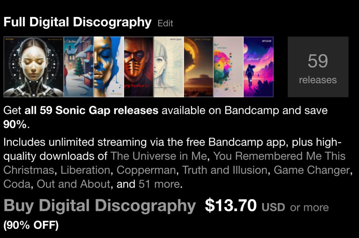 #BandcampFriday Discography 90% OFF ✨ $13.70 for 59 releases! ✨ sonicgap.bandcamp.com