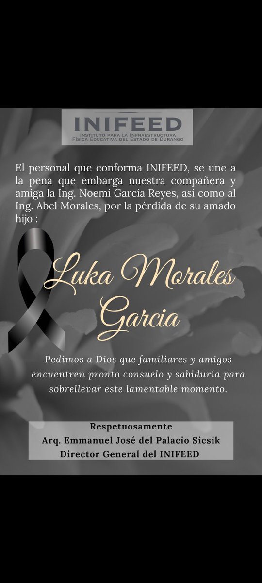 El personal de INIFEED se une a la pena que embarga a la familia Morales García 🕊
Luka, siempre estaras presente en nuestros corazones.  🙏