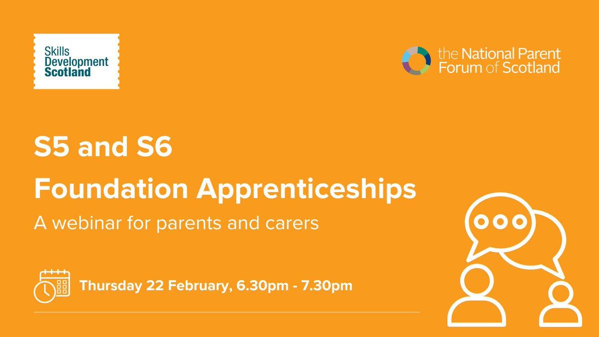 parentforumscot's tweet photo. Calling all parents and carers! @skillsdevscot &amp; #NPFS are hosting a free webinar on #FoundationApprenticeships for S5 &amp; S6 pupils. 6.30-7.30pm on Thurs 22 Feb. https://t.co/Kefa8QgRhz...
#ParentalEngagement #SkillsDevelopmentScotland https://t.co/10MaeJCAoK